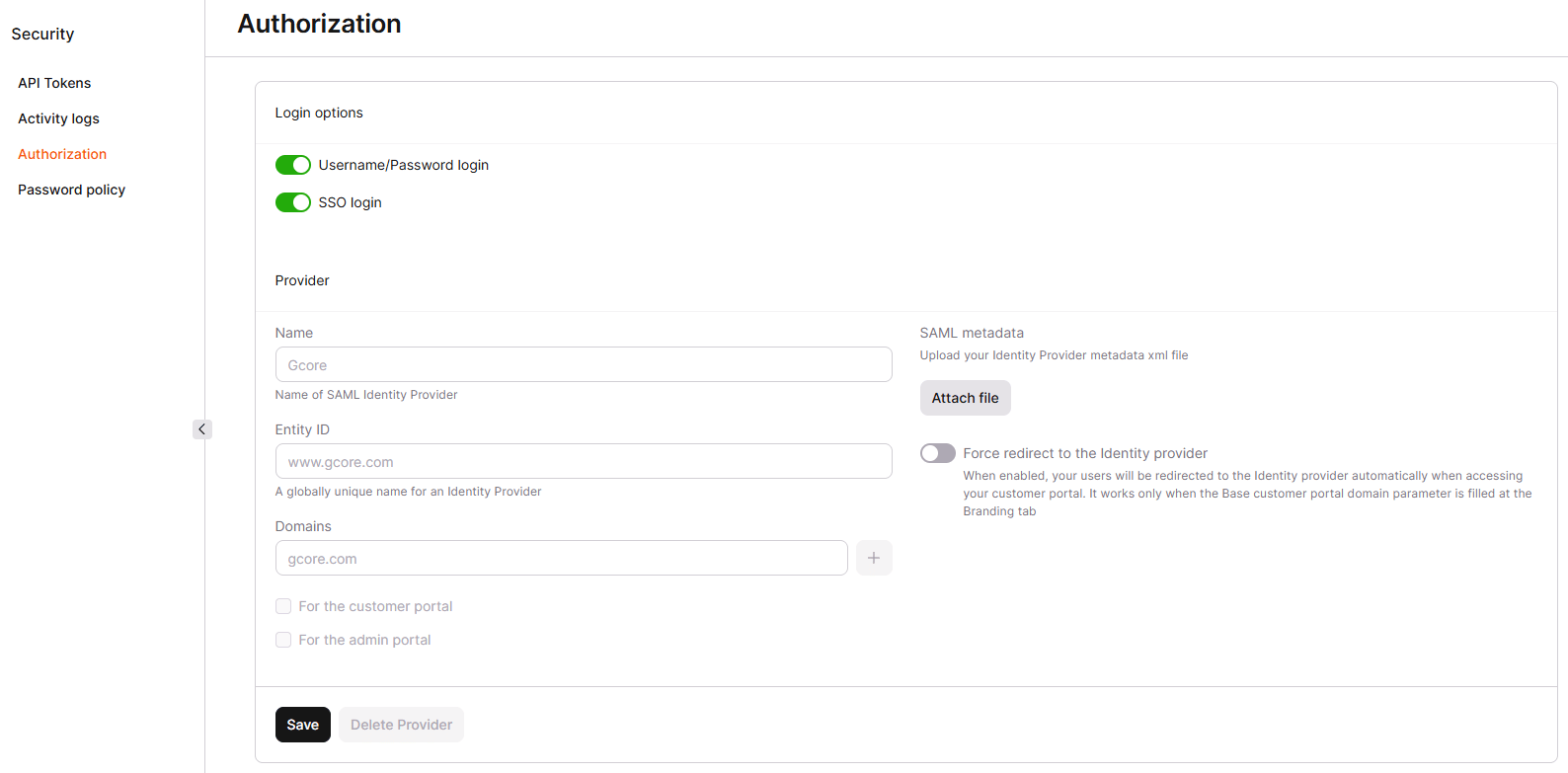 Authorization settings with SSO login enabled and the Provider configuration form
