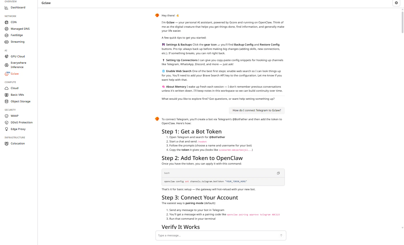 Gclaw chat interface in the Gcore Customer Portal
