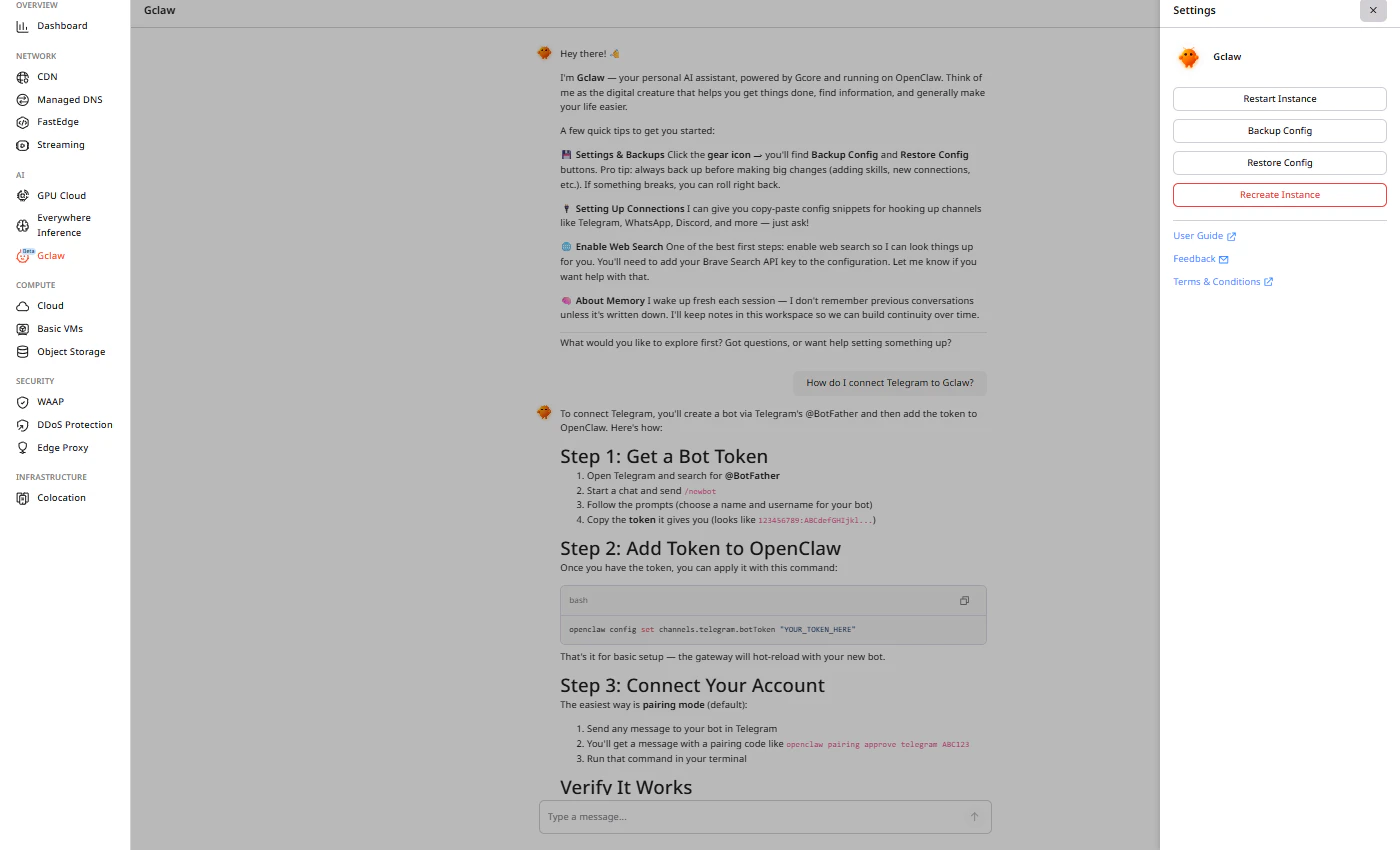 Gclaw Settings panel with management options