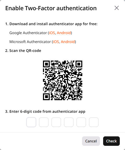 Enable Two-Factor authentication dialog with QR code