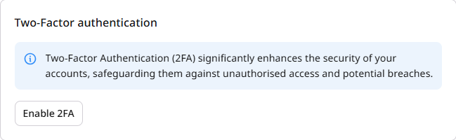 Two-Factor authentication section with Enable 2FA button