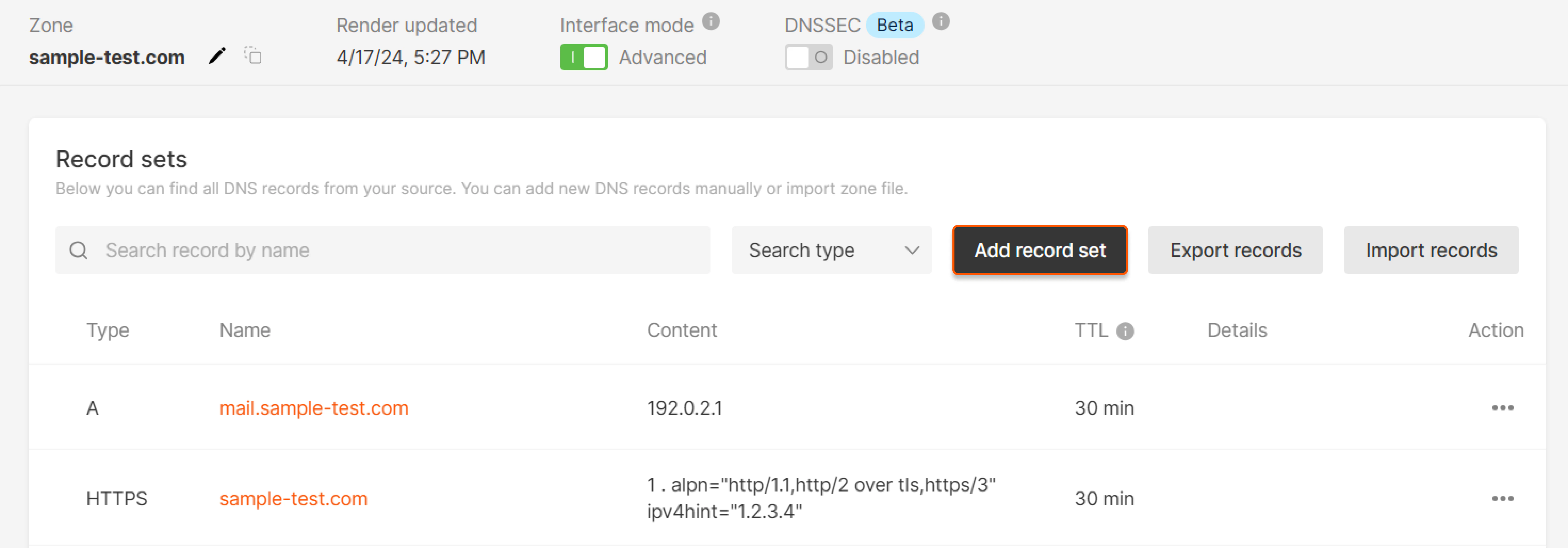 Adding a record set (RRset)