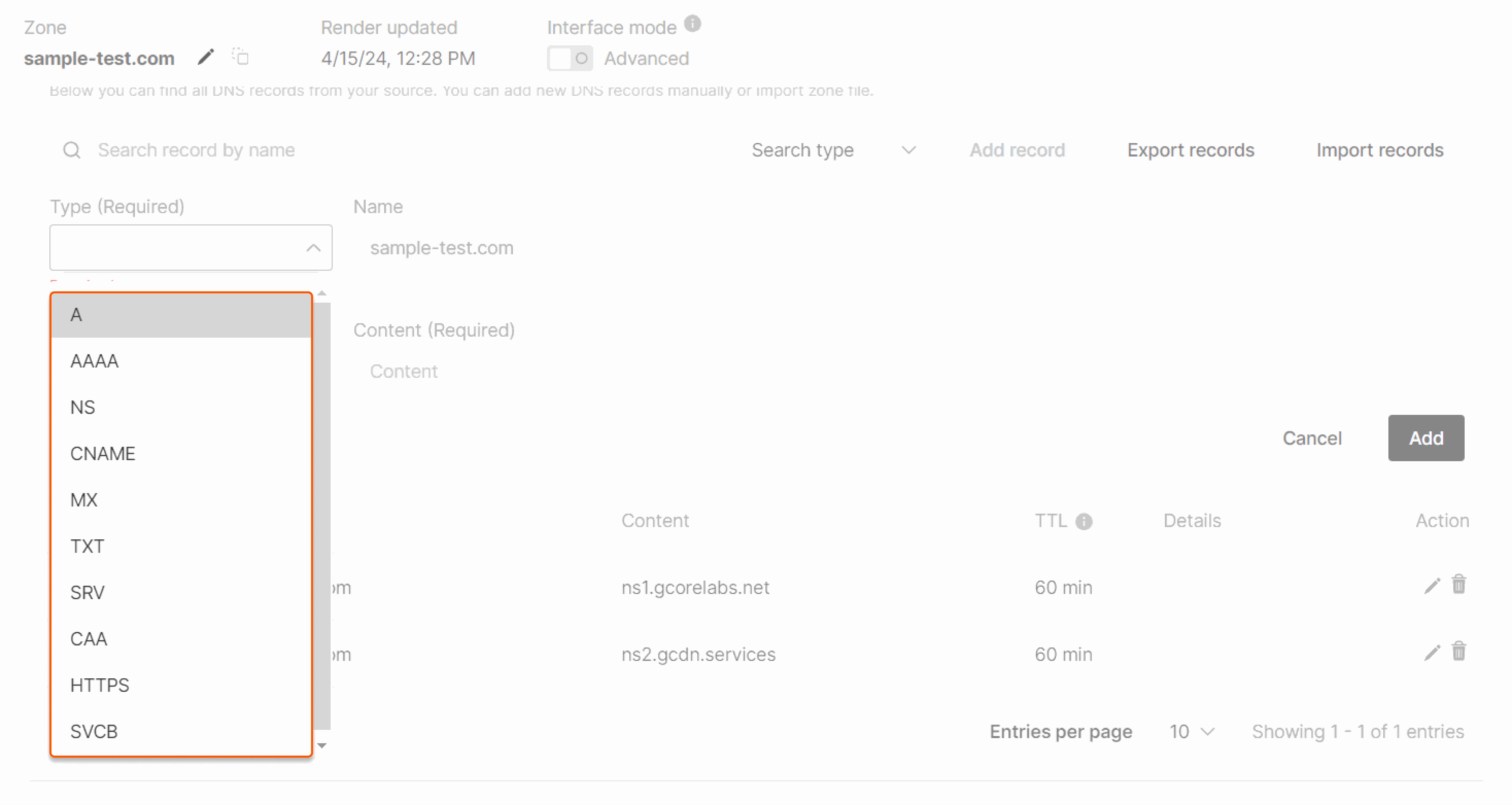 Supported DNS record types