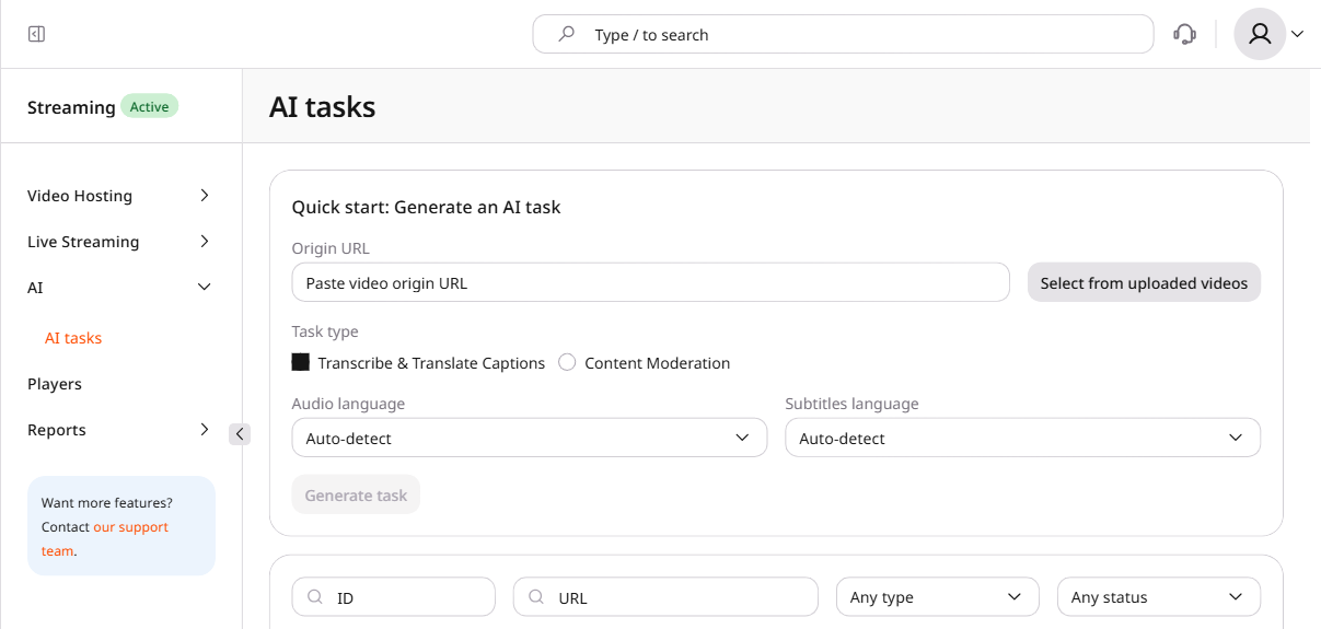 AI tasks page