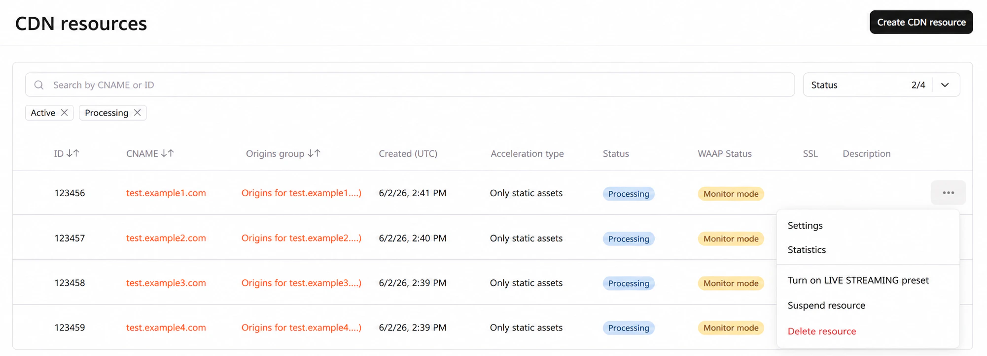 CDN resource three-dot menu showing management options