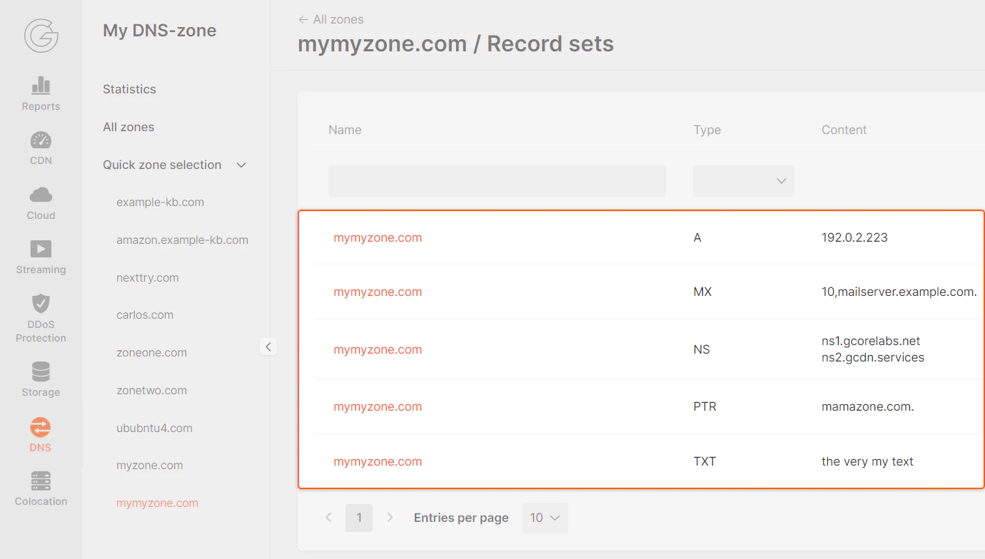 DNS page in the Gcore Customer Portal