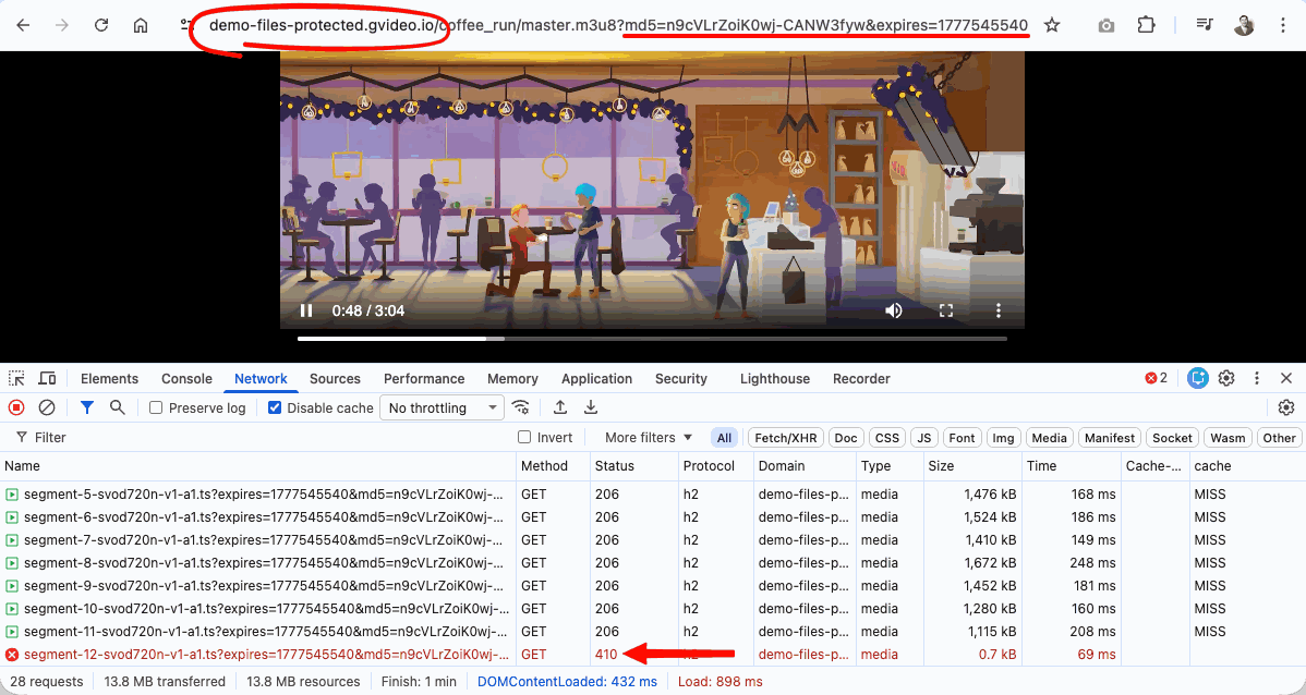 Expired secure token returns 410 for a video segment