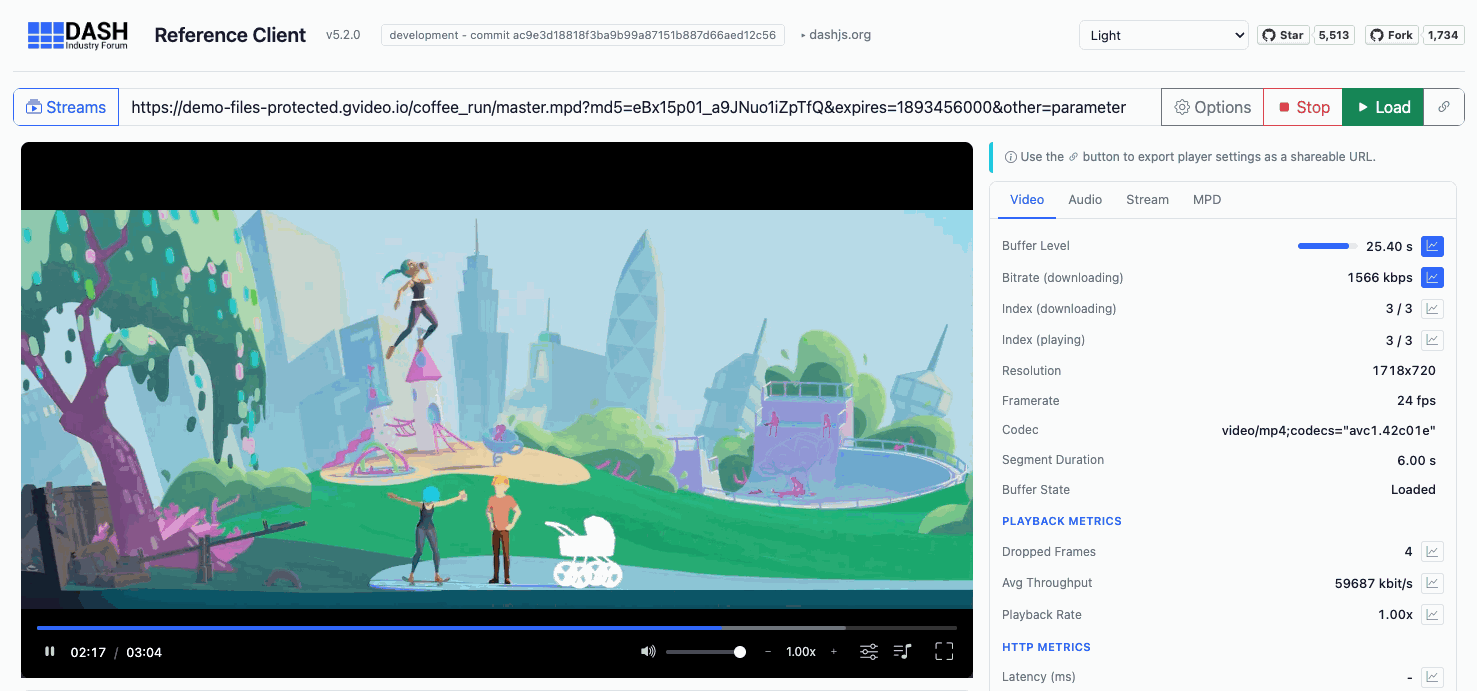 Protected MPEG-DASH stream opened in dash.js player
