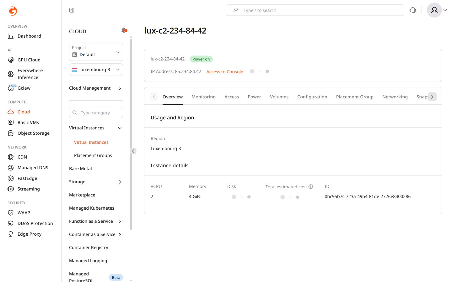 Server overview with Access to Console button and username@ip login string