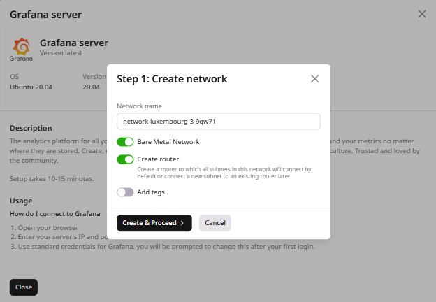 Network creation dialog showing network name, Bare Metal Network and Create router options