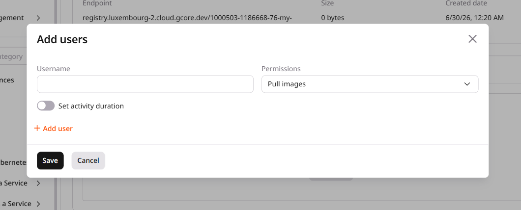 Add users dialog with Username, Permissions, and Set activity duration fields