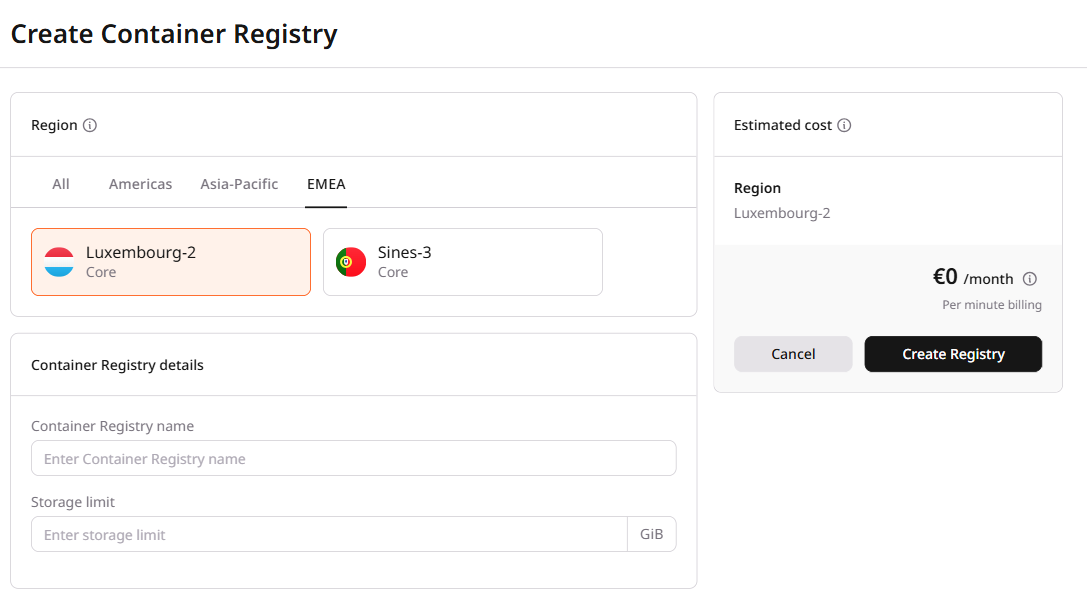 Create Container Registry page with region selection, name, and storage limit fields