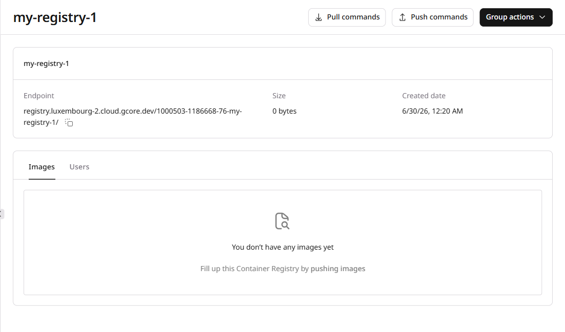 Registry page with Pull commands and Push commands buttons in the top right
