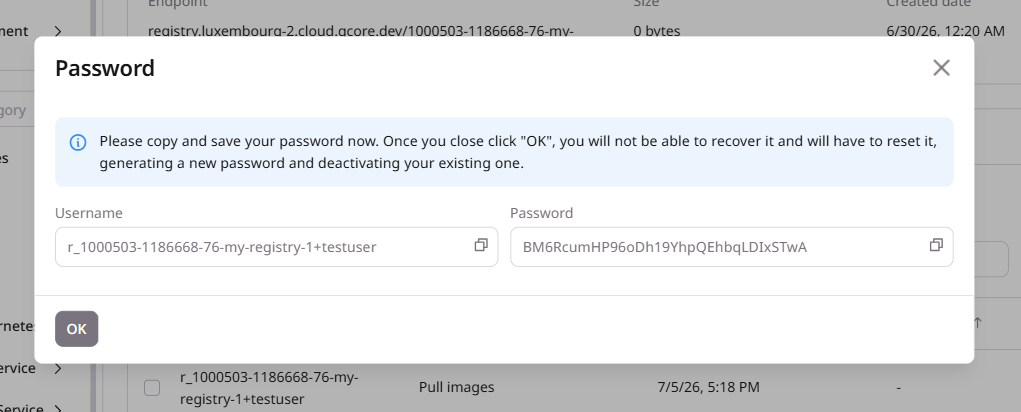 Password dialog showing the full username and generated password
