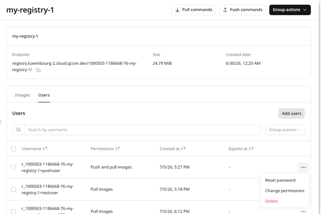 Users table with three-dot menu open showing Reset password, Change permissions, and Delete options