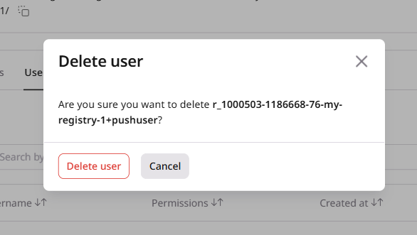 Delete user confirmation dialog asking whether to delete the selected user