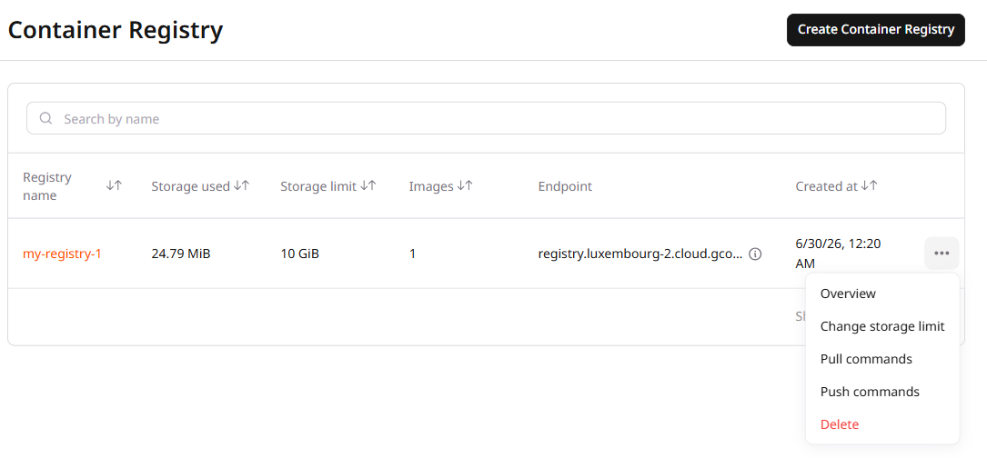 Container Registry list with three-dot menu showing Overview, Change storage limit, Pull commands, Push commands, and Delete options