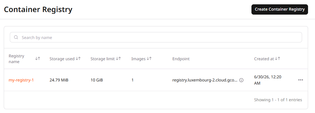 Container Registry page listing registries with storage usage, endpoint, and creation date