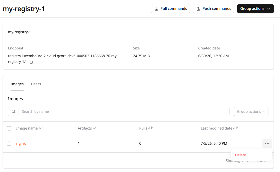 Images tab with three-dot menu open for the nginx image showing a Delete option