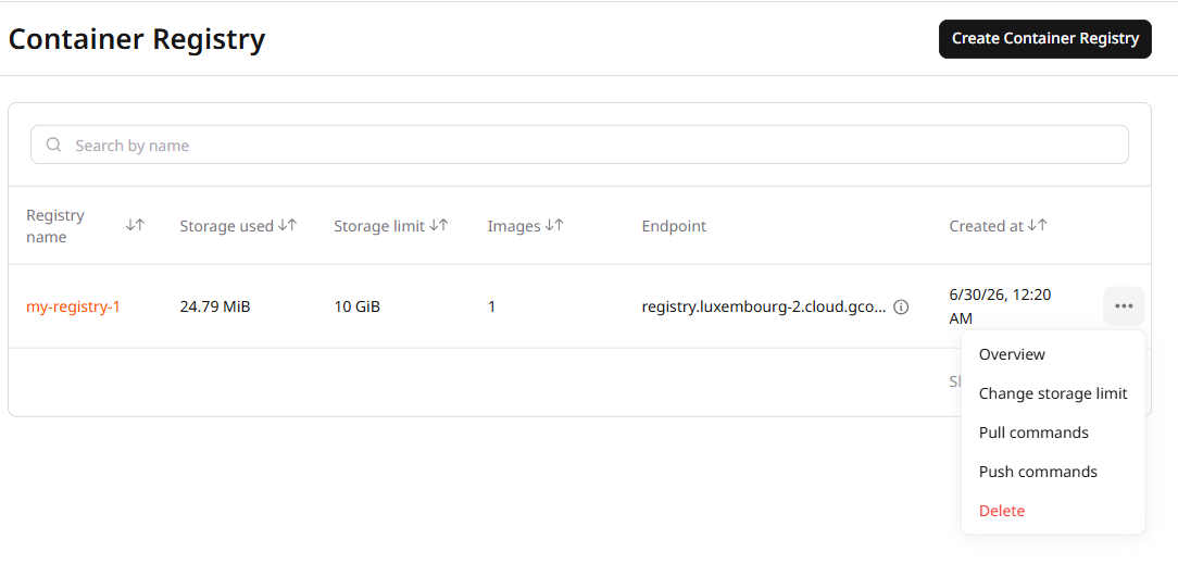 Container Registry list with three-dot menu showing Overview, Change storage limit, Pull commands, Push commands, and Delete options