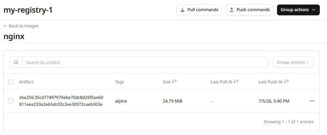 Artifacts page for the nginx image listing a sha256 digest with the alpine tag, size, and push timestamp