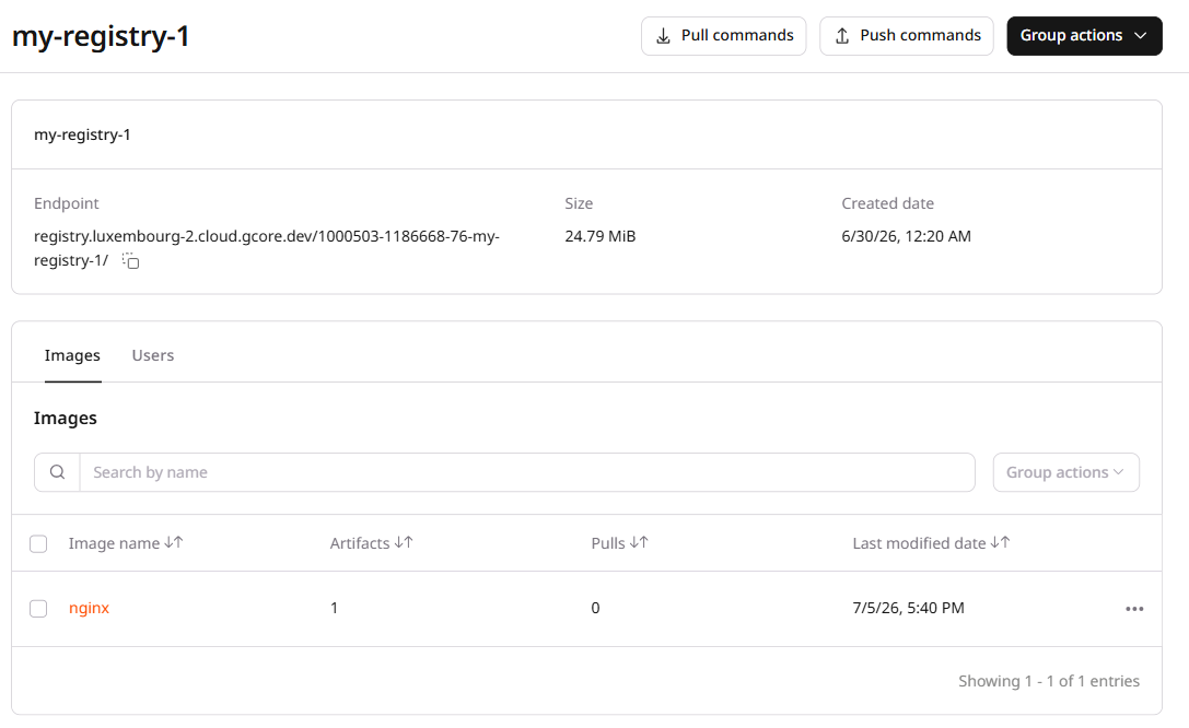 Images tab showing the nginx image with one artifact, zero pulls, and a last modified date