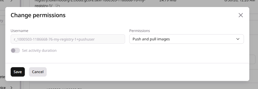Change permissions dialog with a username field and permissions dropdown set to Push and pull images