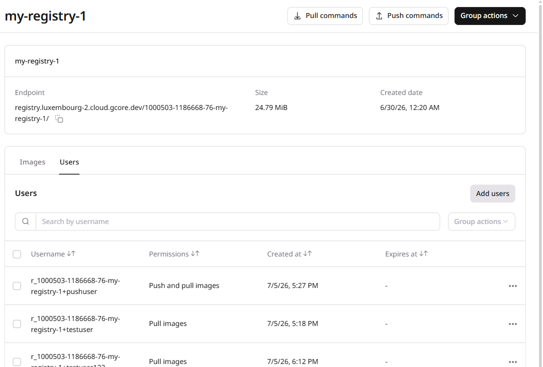 Users tab showing three users with their permission levels, creation dates, and expiration dates