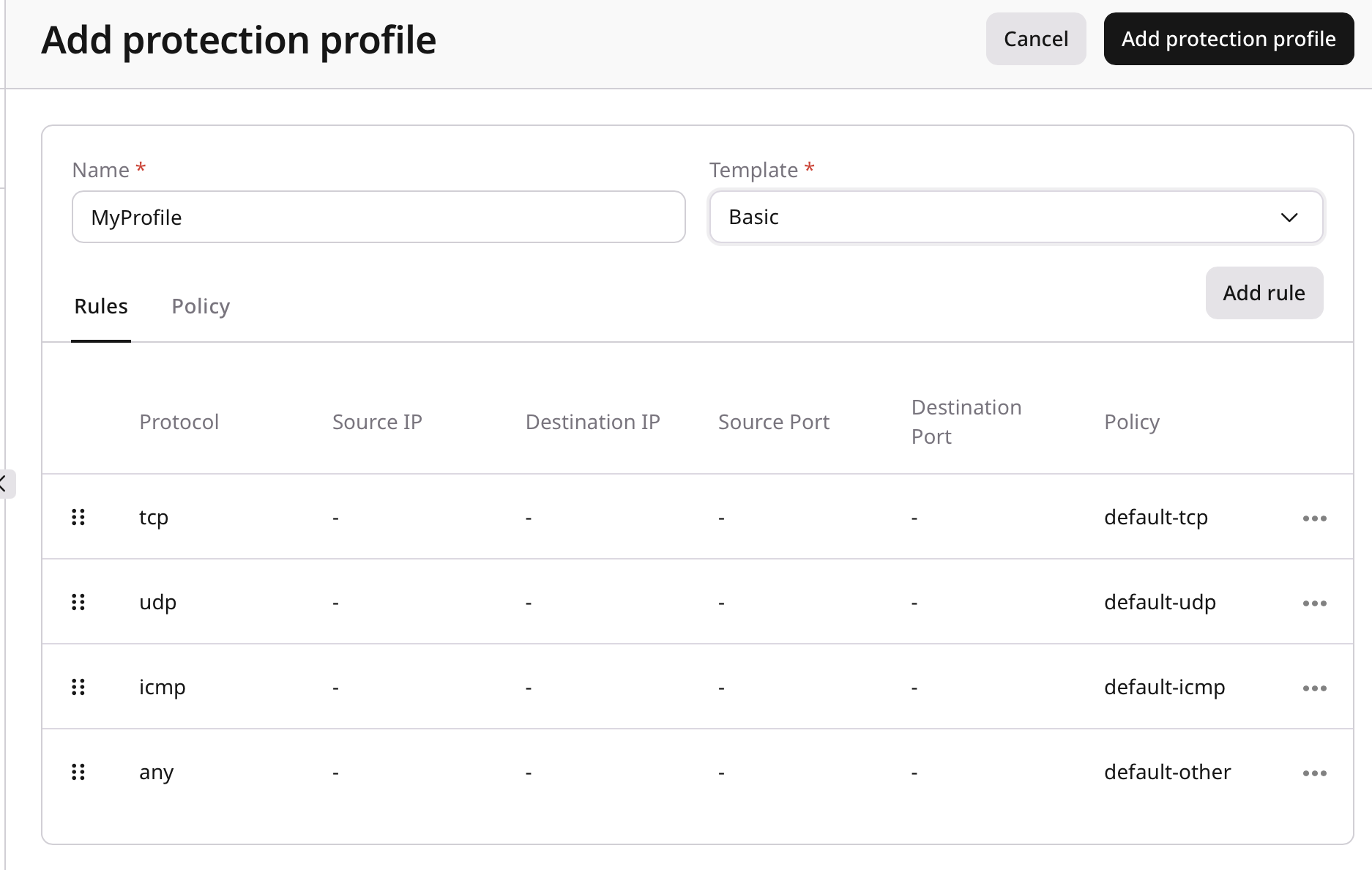 Protection profiles rules and policies