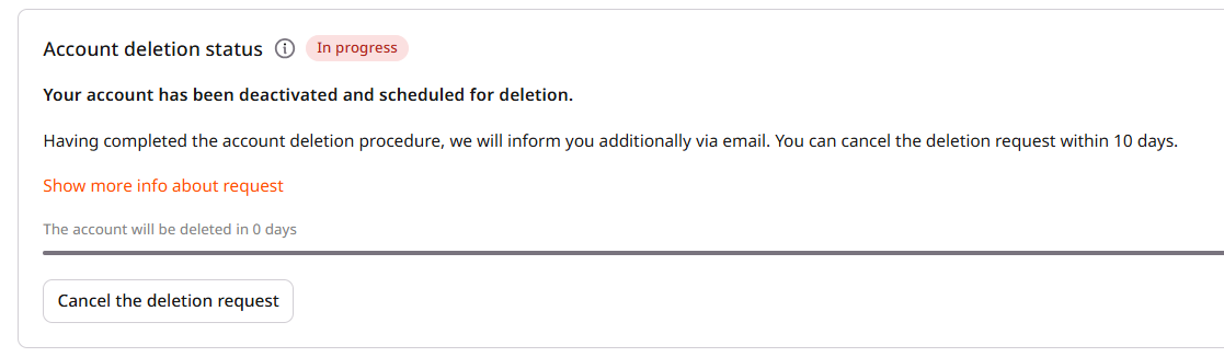Account deletion status section showing cancellation option