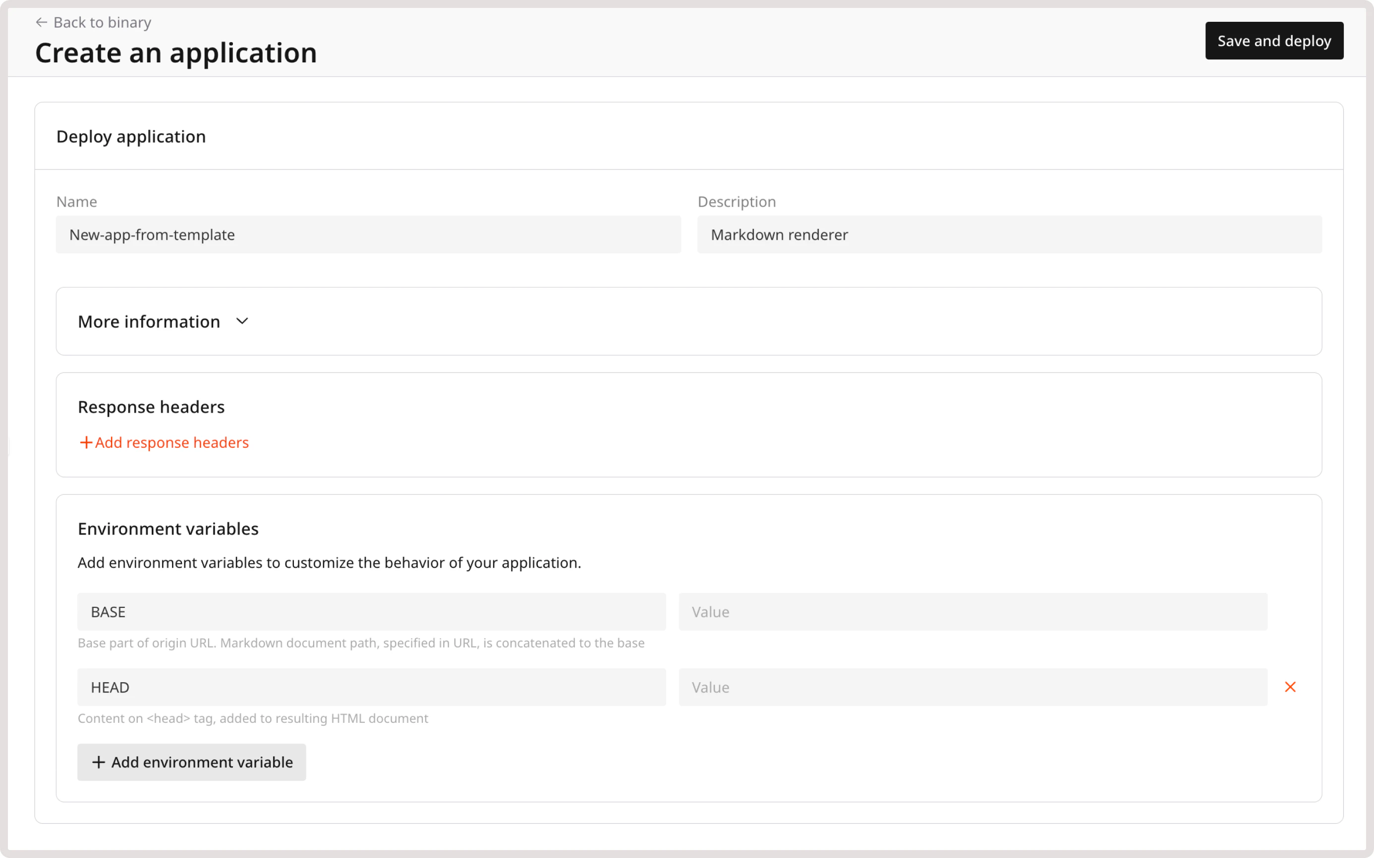A page with a link to an app and its configuration