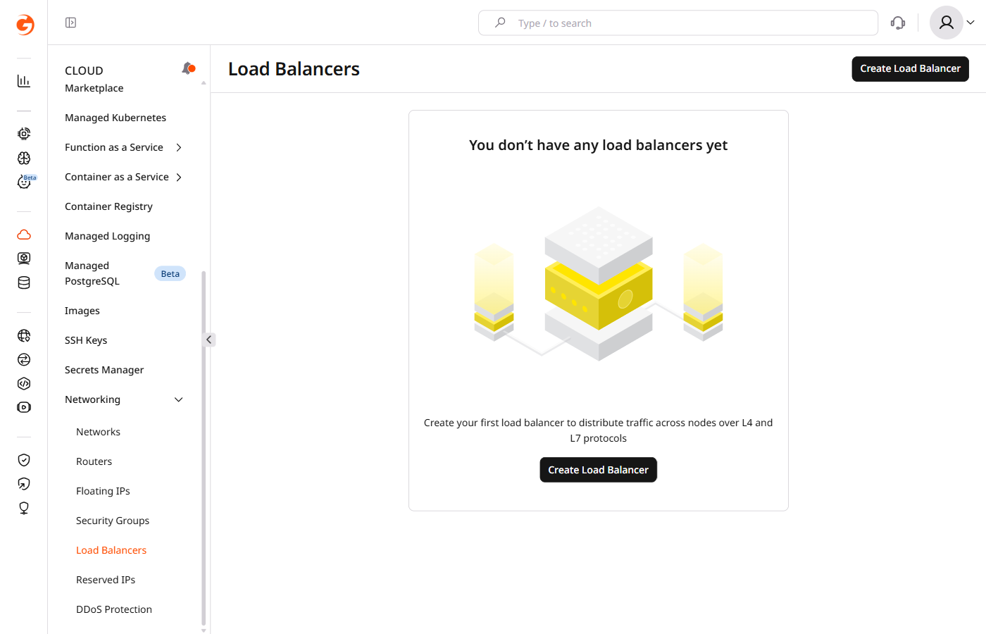 Load Balancers list with Create Load Balancer button