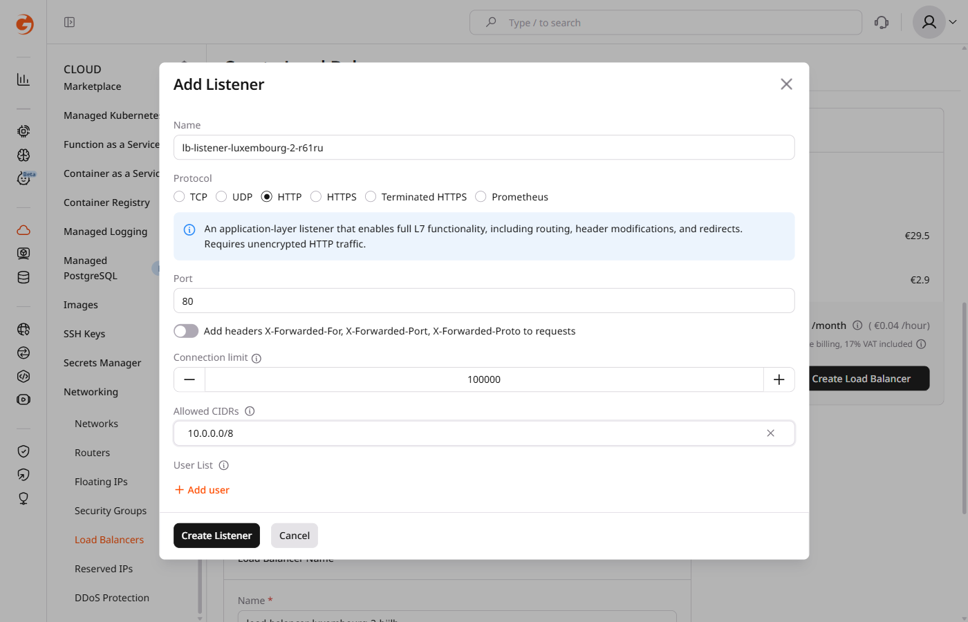 Listener form showing Allowed CIDRs field with an IPv4 example