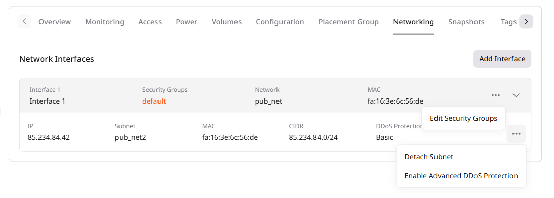 Network settings with the detach subnetwork option