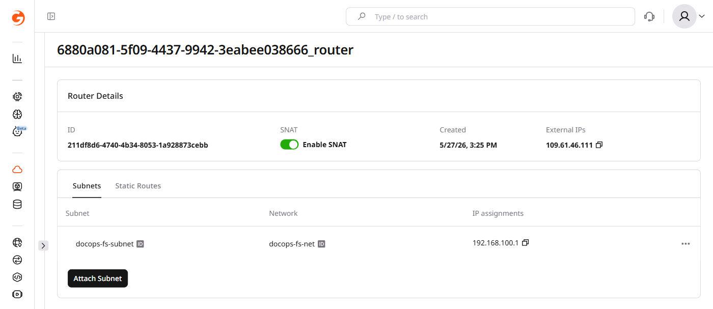 Router Details page with SNAT toggle