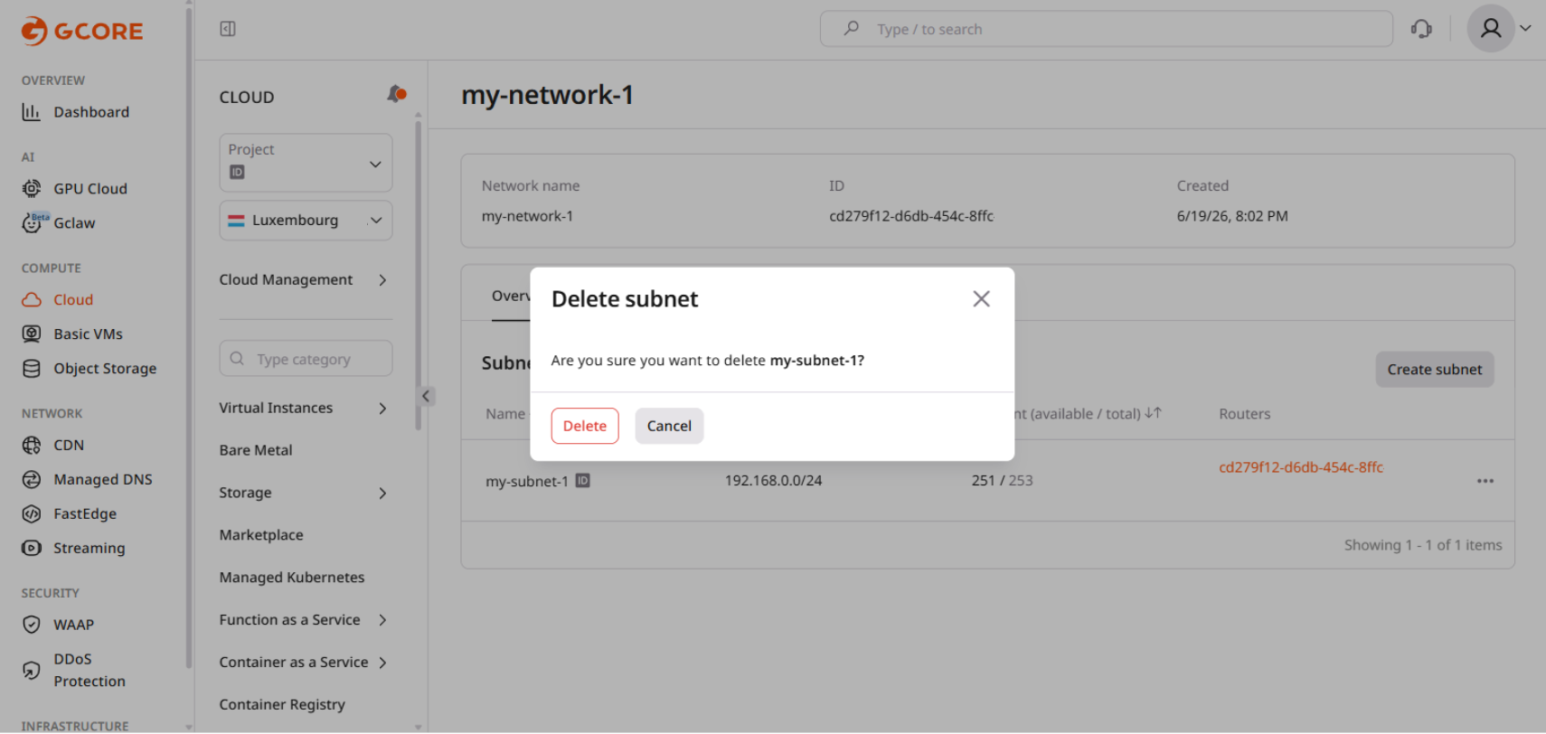Delete subnetwork confirmation dialog