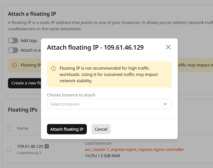 Attach floating IP modal with instance selector