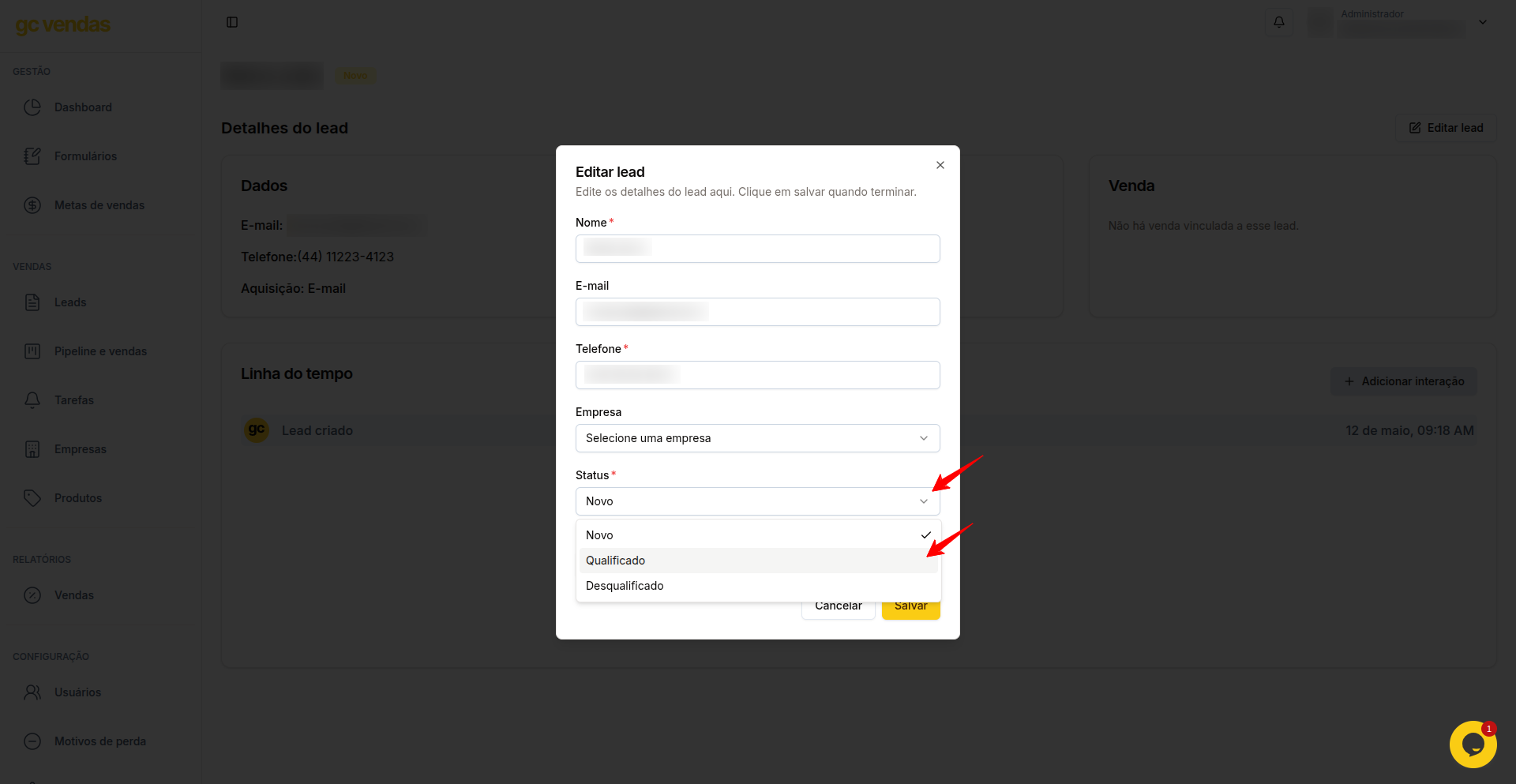 Filtros e campo de busca de leads