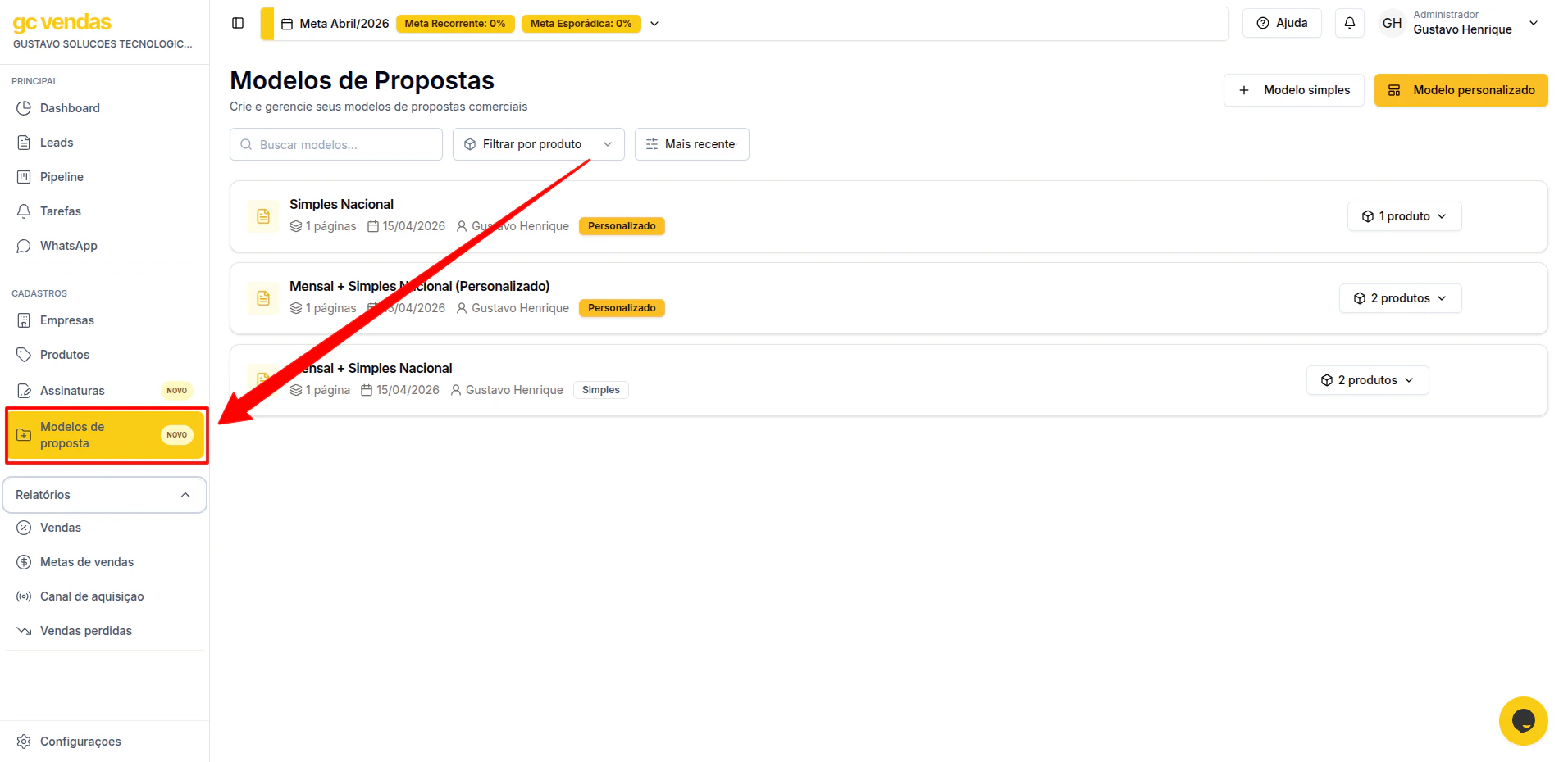 Menu Modelos Proposta