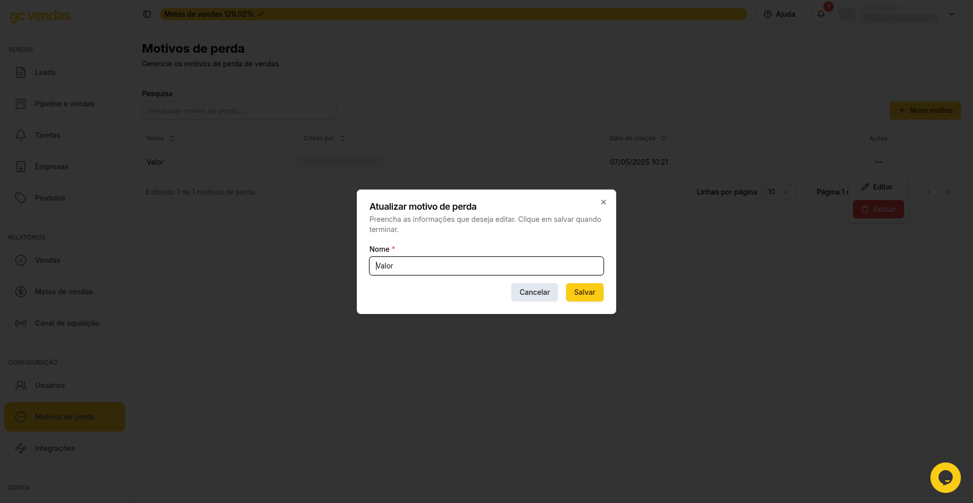 Formulário de edição do lead