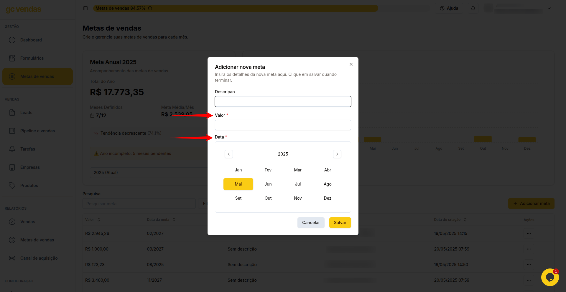 Formulário de nova meta