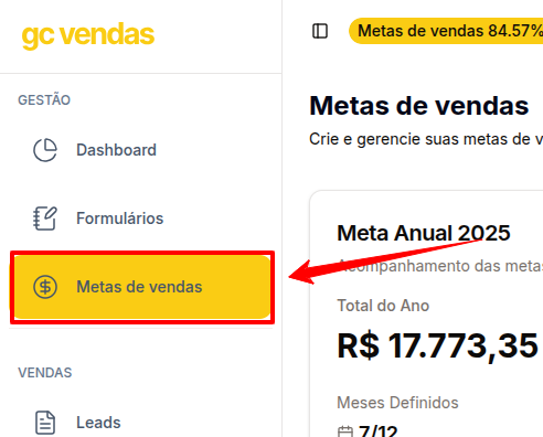 Menu metas de vendas