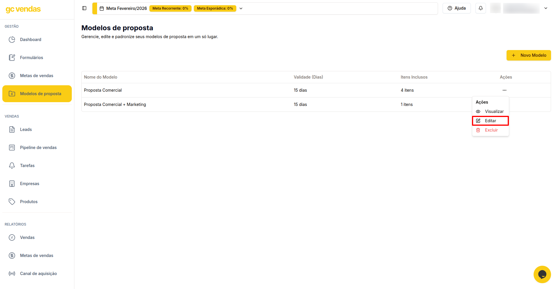 Editar Modelos Proposta