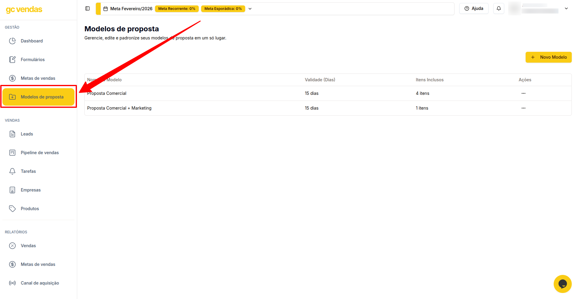 Menu Modelos Proposta