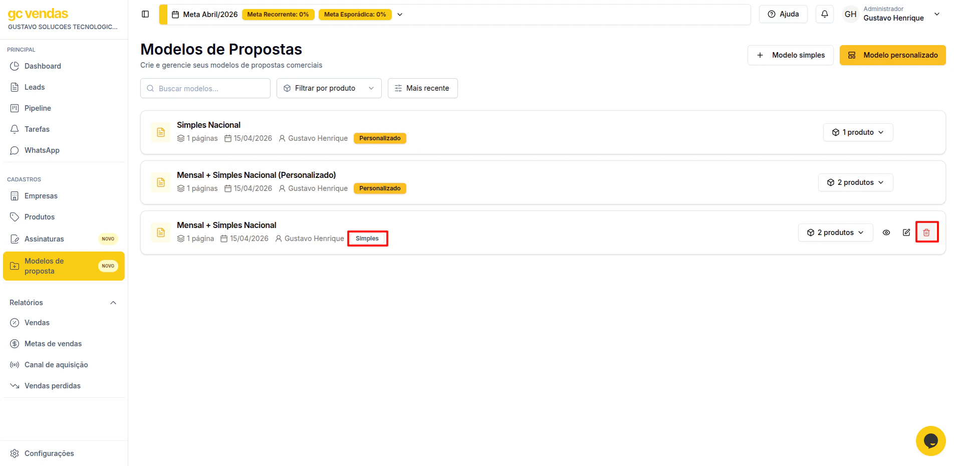Delete Modelos Proposta