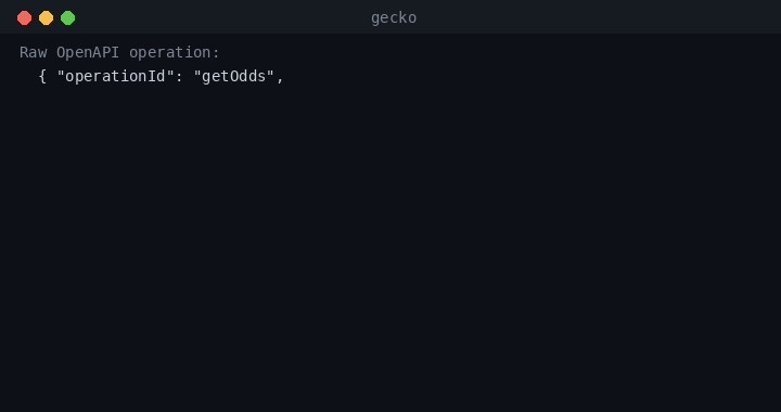 Gecko turns a raw OpenAPI operation into a question-shaped tool with a JSON schema — auth header removed