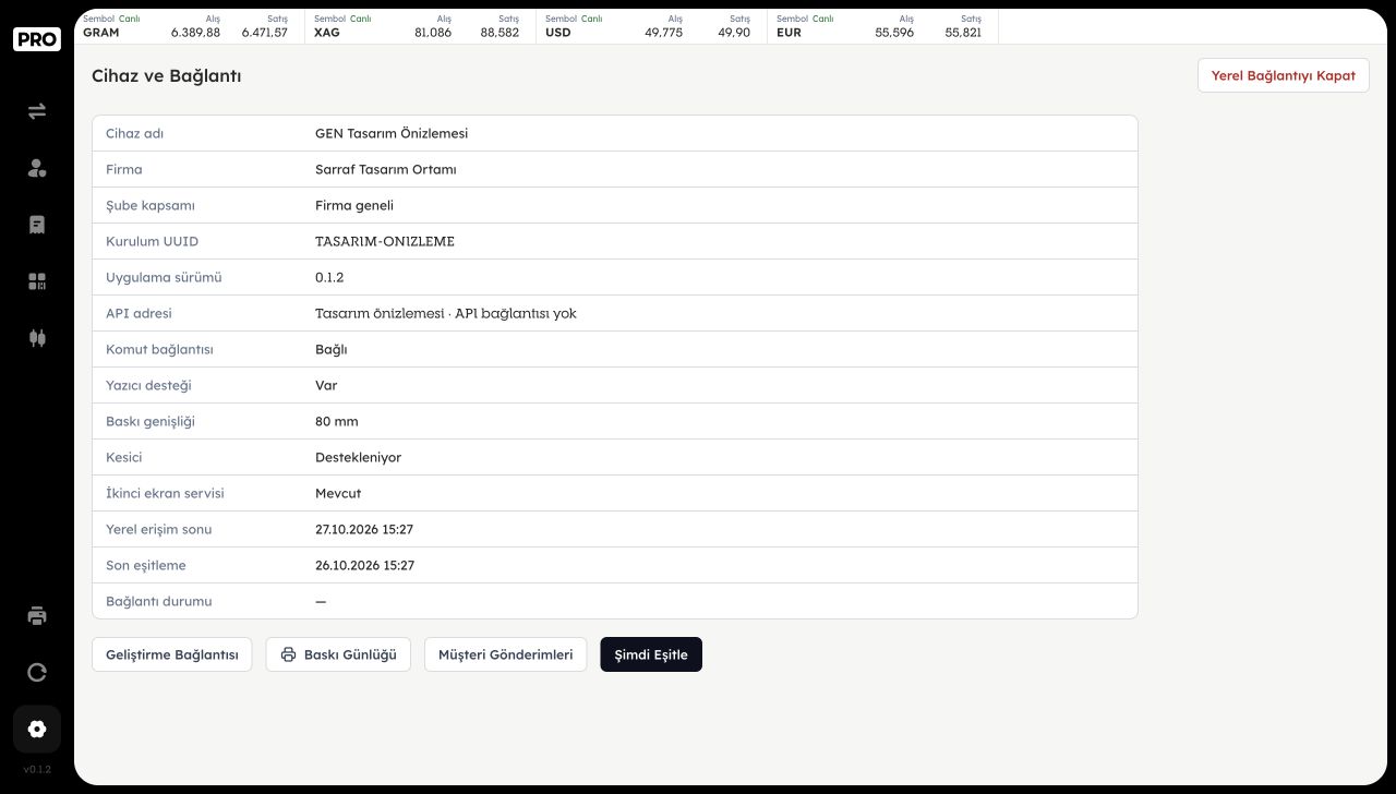 Cihaz ve Bağlantı ekranında firma, sürüm, bağlantı ve donanım bilgileri
