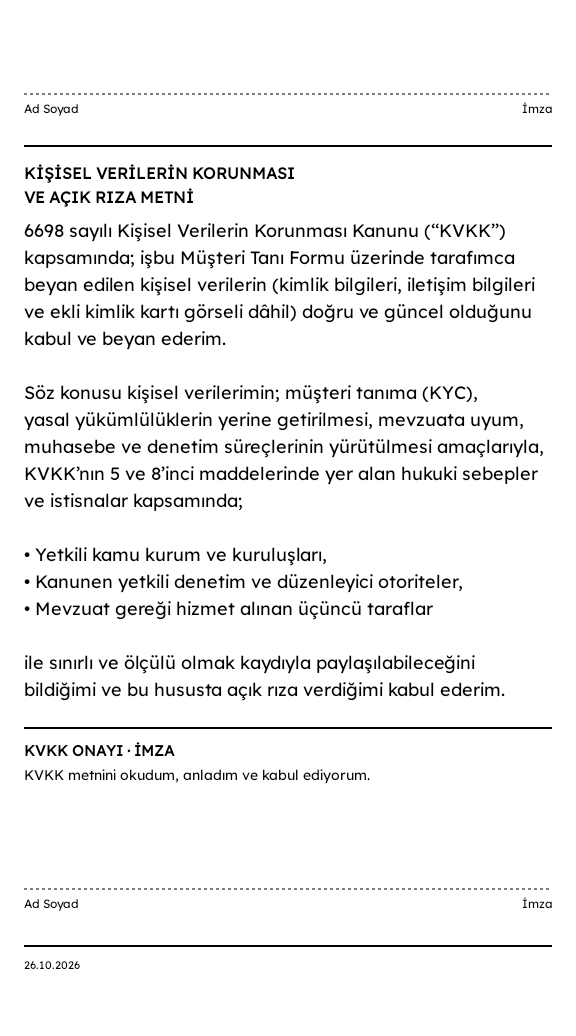 Aynı müşteri tanı formunun KVKK, imza ve devam alanlarını gösteren örnek alt bölümü