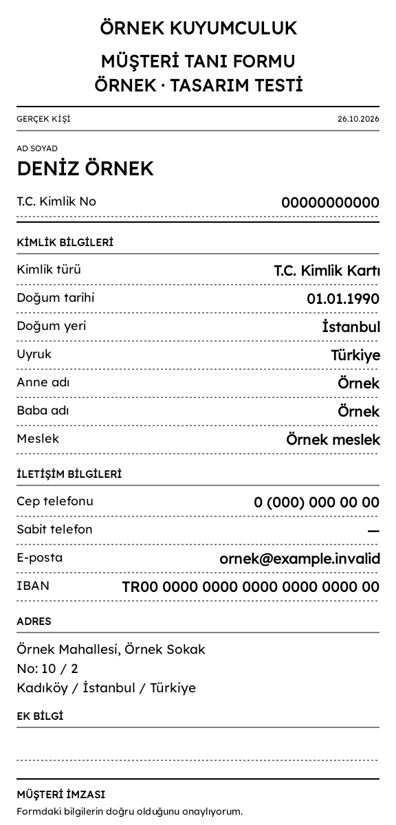 Müşteri tanı formunun firma, kimlik, iletişim ve form alanlarını gösteren örnek üst bölümü