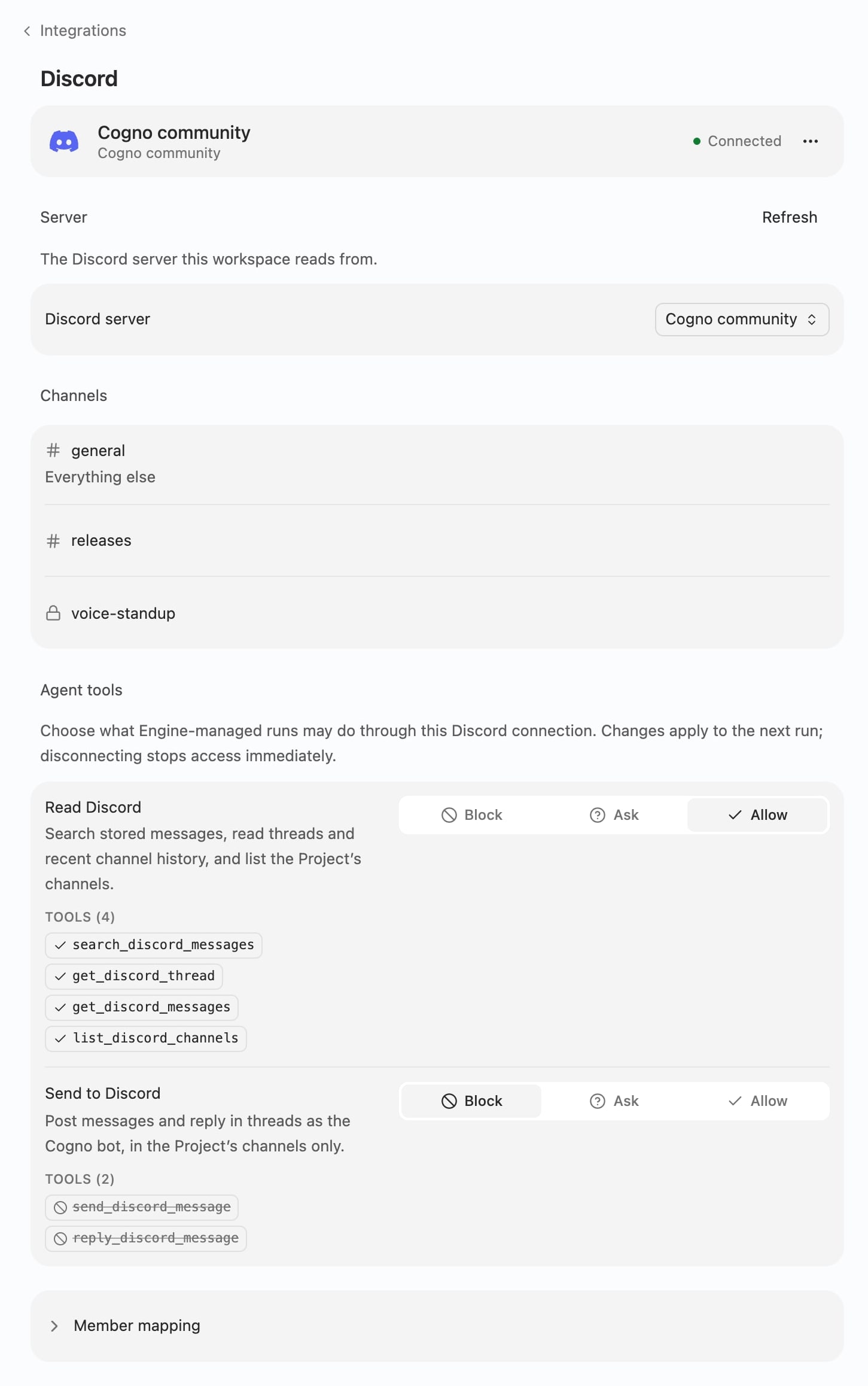 Discord Agent tools with Read Discord and Send to Discord settings